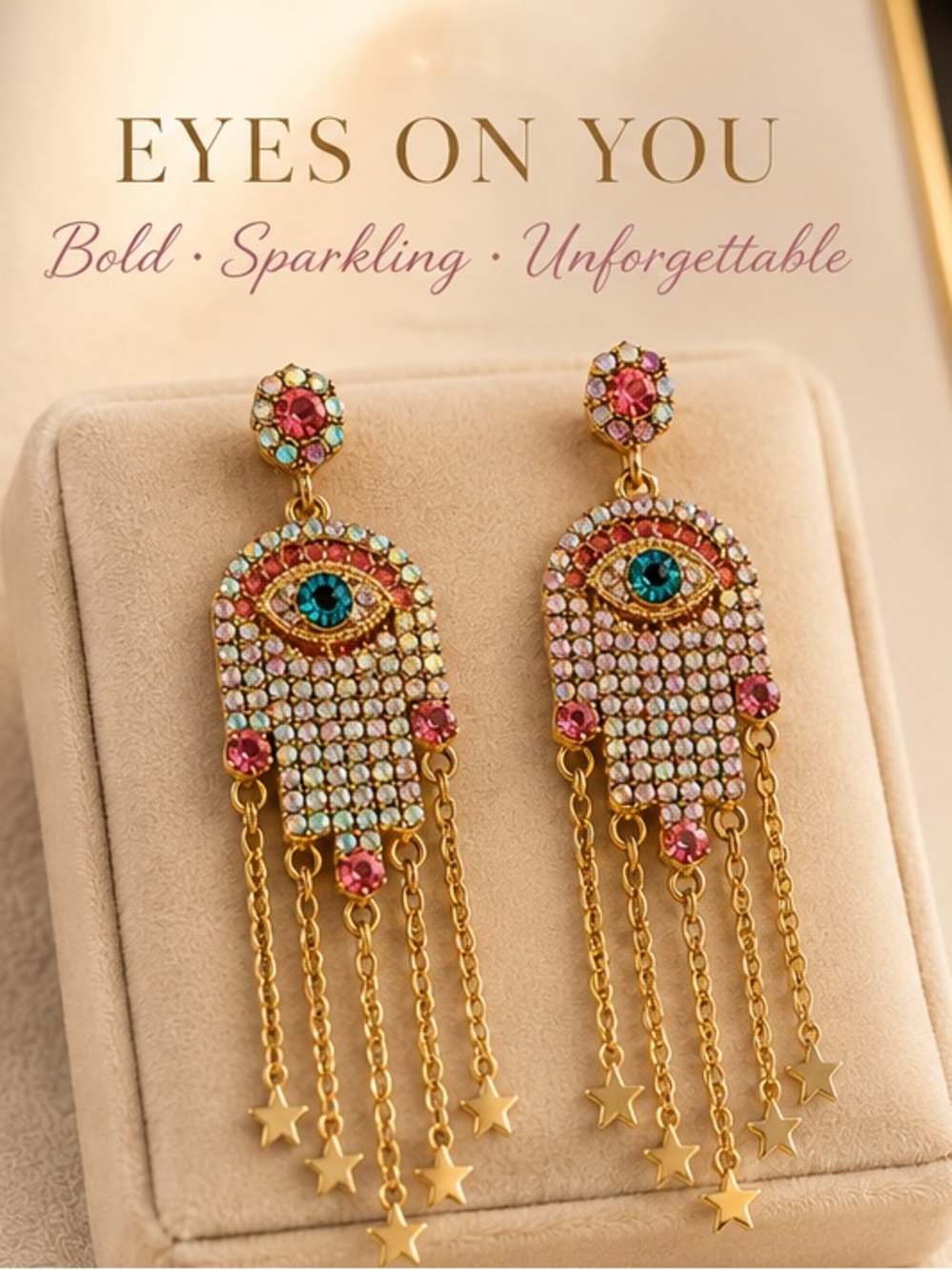 Mediterranean Elegant Jewelry Pink Crystal Hamsa Drop Earrings with Gold Stars🌟